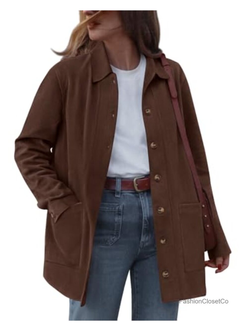 Faux Suede Jacket Button Down Collar Long Sleeve Lightweight Winter